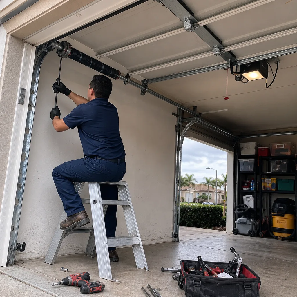 Technician performing professional emergency garage door spring repair and maintenance. nationwide