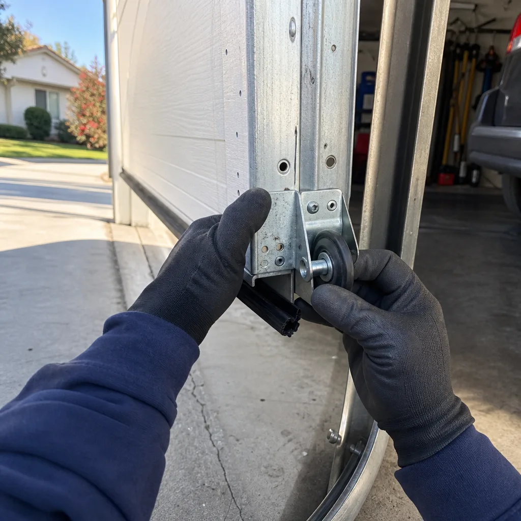 Technician performing emergency garage door repair and roller maintenance nationwide