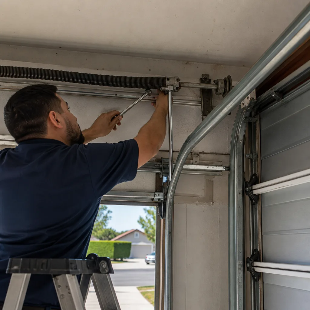 Technician performing professional garage door parts repair and maintenance nationwide