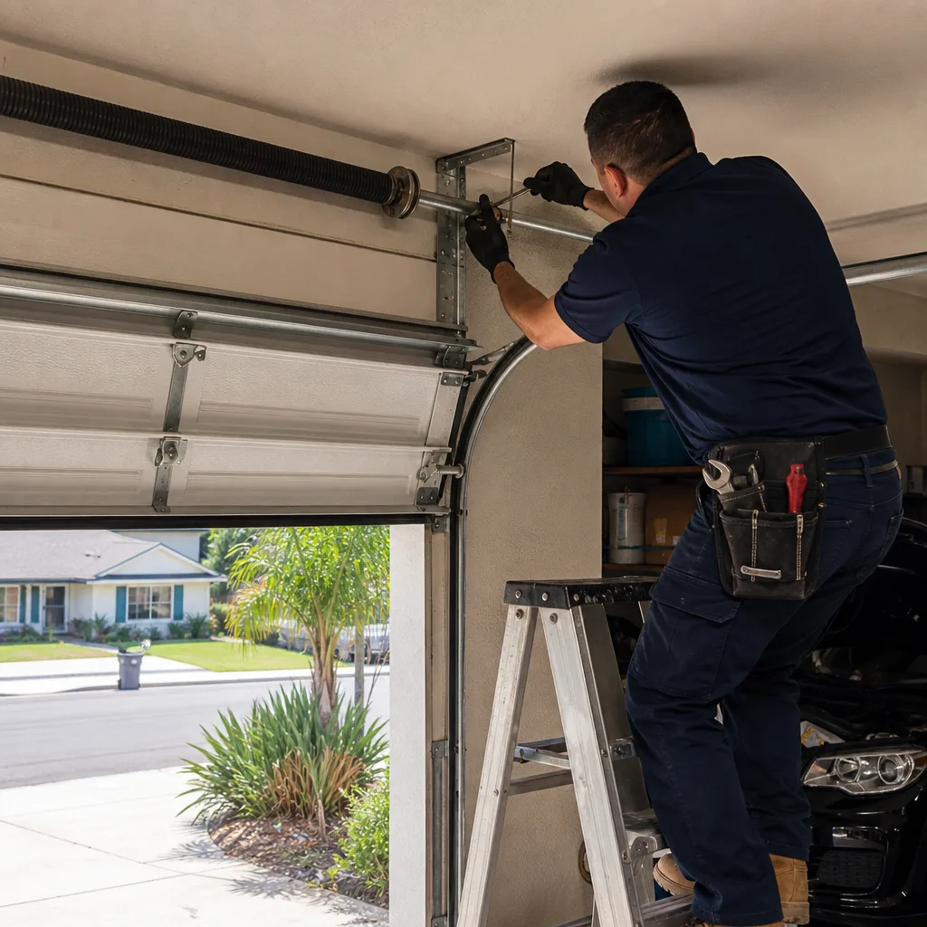 Technician performing professional garage door spring maintenance and repair in Hidden Meadows, CA